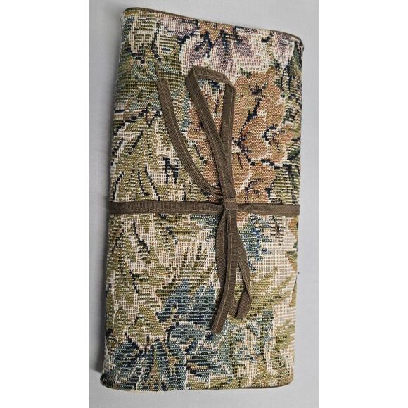 Floral Tapestry Jewelry Roll Organizer With Tie Closure & Multiple Compartments - Picture 1 of 5